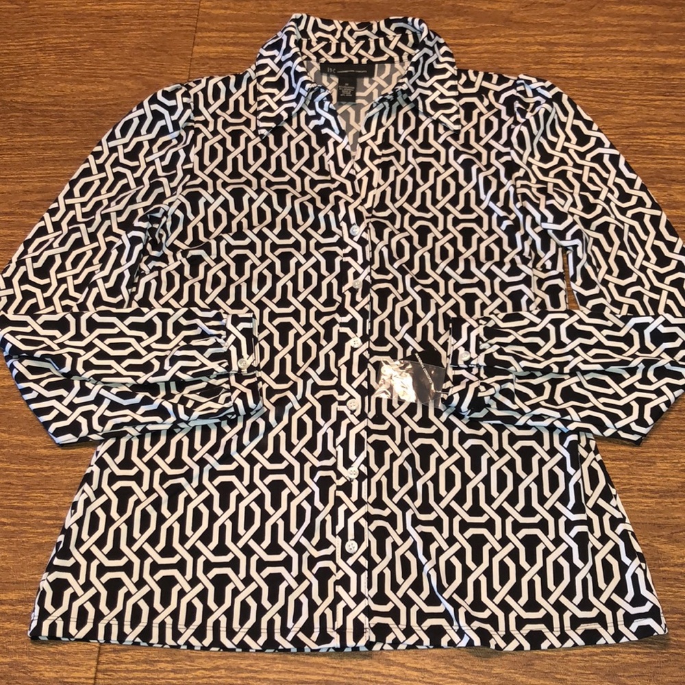 INC Black and White Geometric Button Down Blouse M